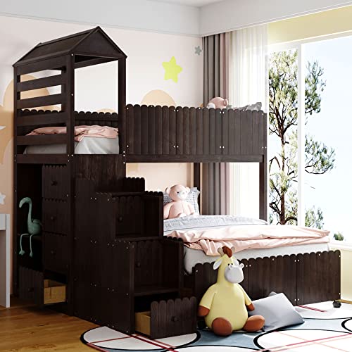 Twin Over Full Bunk Bed with Stairs, House Bunk Bed with Storage, Solid