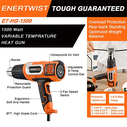 ENERTWIST 1500W Heat Gun Variable Temperature Control Hot Air Tool Kit