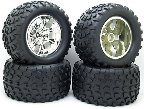 4x 130mm OD Silver 7 Spoke 12mm Hub Wheel Rims + Electroplated Rubber Tires For RC 1:10 Truck Car