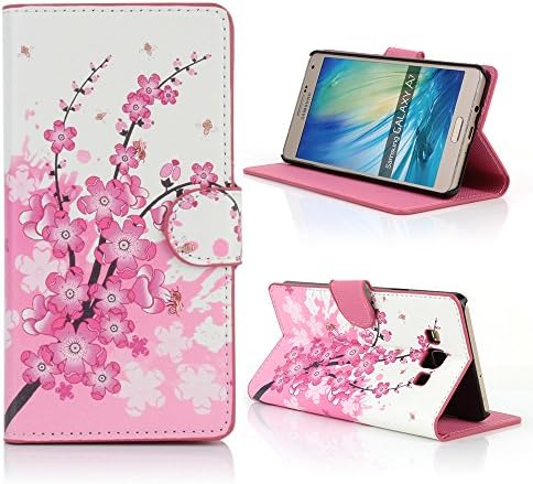 KMO Samsung Galaxy A7 (2015) Case Cover Premium PU Leather Book Folio Wallet Flip With Card Slots Protection - White / Pink Flowers