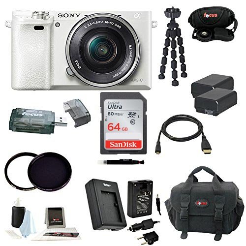 Sony-Alpha-Interchangeable-Lens-Camera-with-16-50mm-Power-Zoom-Lens-White-64GB-SD-Memory-Card-Card-Reader-Two-Lens-Filters-Two-Replacement-Batteries-and-Charger-Camera-Bag-Accessory-Kit