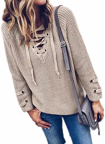 NEW Women V Neck Knitted Sweater Striped Bandage Cross Ties Pullover Loose Casual Long Knitwear Jumper Top Sweter Mujer Khaki L