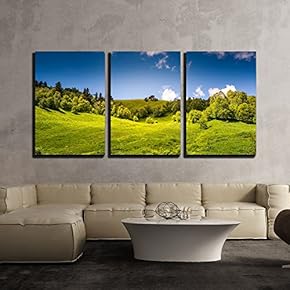 3 Piece Canvas Wall Art - Beautiful View of Rural Alpine Landscape. Sunny Hills Under Cloudy Sky - Modern Home Art Stretched and Framed Ready to Hang - 16"x24"x3 Panels