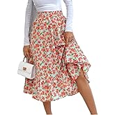 Mirlande Floral Print Ruffles Skirts High Waist A-Line Swing Midi Skirts Pink