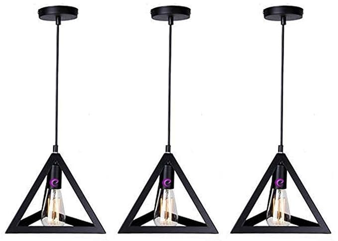 Eisa Vintage Metal Triangular Triple Hanging Pendant Ceiling Light Lamp Black