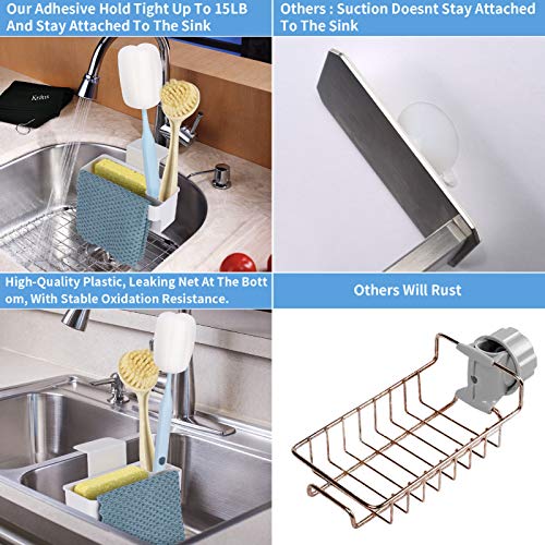 Sponge Holder for Kitchen Sink, with Holder for Sponges and Cleaning Supplies, 3-in-1 Multifunctional sponge caddy and Dish Cloth Hanger, for Kitchen, Bathroom, Soap Box Organizer with Suction Cups