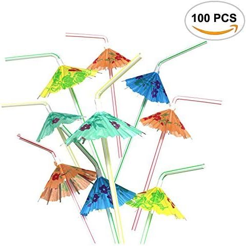 100PCS Mseeur Multicolored Hawaiian Umbrella Parasol Disposable Bendable Drinking Cocktail Straws - For Island Themed Party, Kitchen Supplies, Bars, Restaurants Fun Summer Party BBQ.