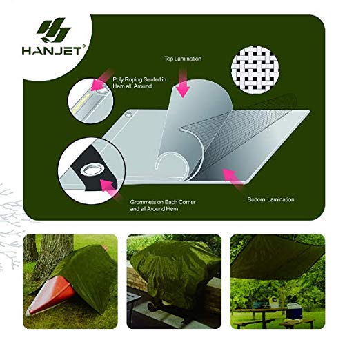 Hanjet 8 x 10 5 Mil Thick Camping Tarp Shelter Waterproof Tarps for Boat Pool with Grommets Army Green - Thumbnail 2