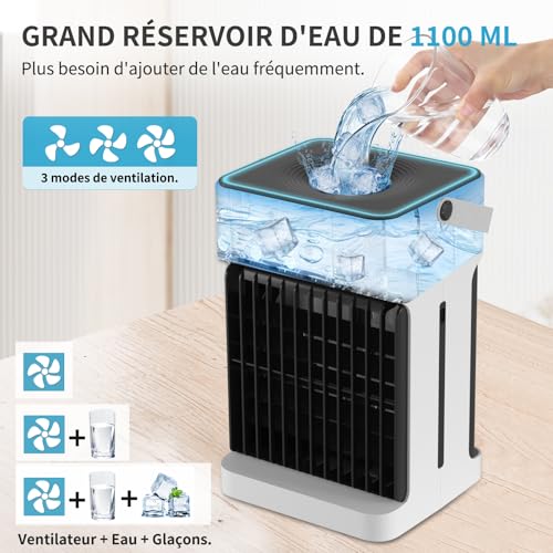 Mobile Air Conditioner with Remote Control, 1100 ml Dual Motor and Fan Air Cooler, Mini Portable Air Conditioning Night Light 7 Colours 2-8H 3 Speed Timer, USB Air Conditioning for Bedroom Kitchen