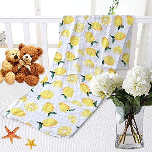 Boy and Girl 100% Cotton Swaddle Blanket, Cute Baby Bamboo Muslin Blankets for Large Size 47 x 47 inches (Lemon)