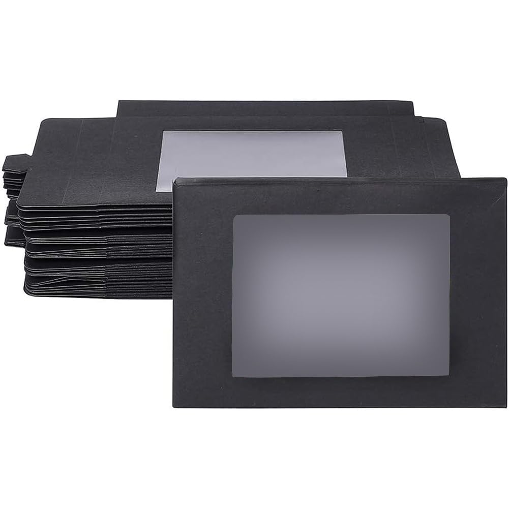 BENECREAT 30PCS Black Kraft Paper Gift Box With Clear PVC Window Foldable Rectangle Wedding Chocolate Candy Favors Package Box, 12.5x8.5x1.5cm
