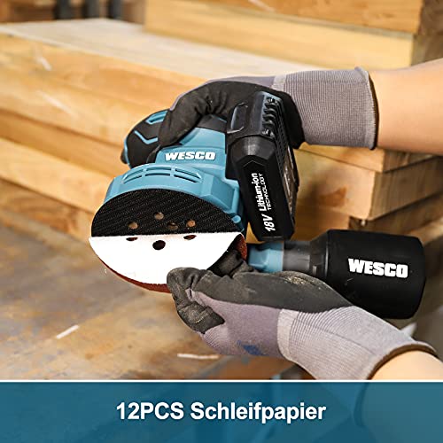 Exzenterschleifer Akku, WESCO 18V 2.0Ah Schleifmaschine Ø 125mm mit Akku, Staubfangbehälter, Ladegeräte, 6 Leistungsstufe von 3000 bis zu 11000/min, 12PCS Schleifpapier, Polierschwamm