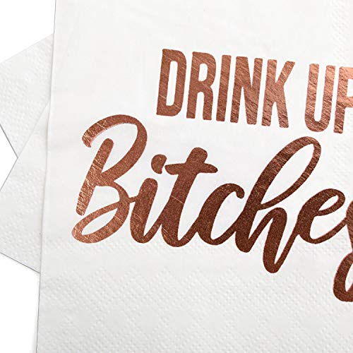 100 Pack Cocktail Napkins- Fancy Printed Napkins with ''Drink Up B!tches'' Emboss in Rose Gold Foil Letters- Ideal for Bachelorette Party Decorations- Beverage Napkins- Folded 5 x 5 Inches - Thumbnail 2