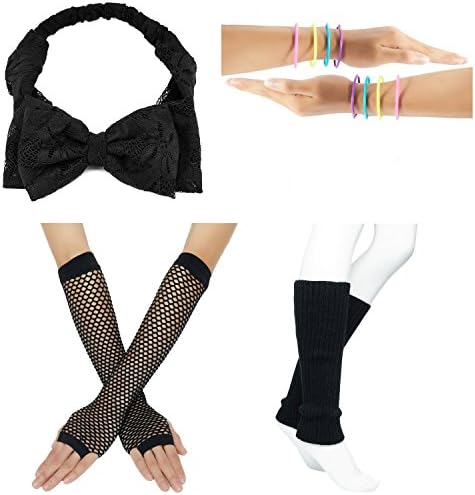80s Fancy Outfit Costume Accessories Set,Leg Warmers,Fishnet Gloves,Earrings, Headband, Bracelet and Beads