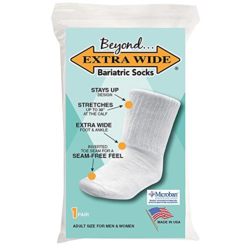 Beyond Extra Wide Bariatric Sock for Extreme Lymphedema. Calf stretches up to 30. Widest Bariatric Sock on the market. One Size Unisex Antimicrobial Made in USA!!! (White)