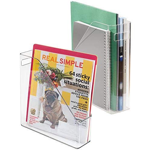 mDesign Plastic File Folder Bin Storage Organizer - Vertical with Handle - Holds Notebooks, Binders, Envelopes, Magazines - Container for Home Office and Work Desktops - 2 Pack - Clear
