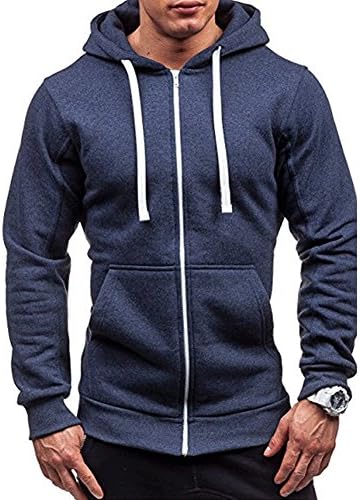 Men's Winter Lightweight Hoodie Warm Coat Jacket Full Zip Slim Casual Hooded Sweatshirt Outwear Sweater (Navy Blue, L)