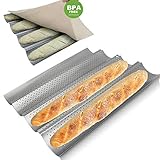 Walfos Baguette Pan Set-Food Grade Nonstick Coating Perforated Baguette Bread Pans for French Bread Baking 4 Loaves, with Professional Bakers Couche Proofing Cloth