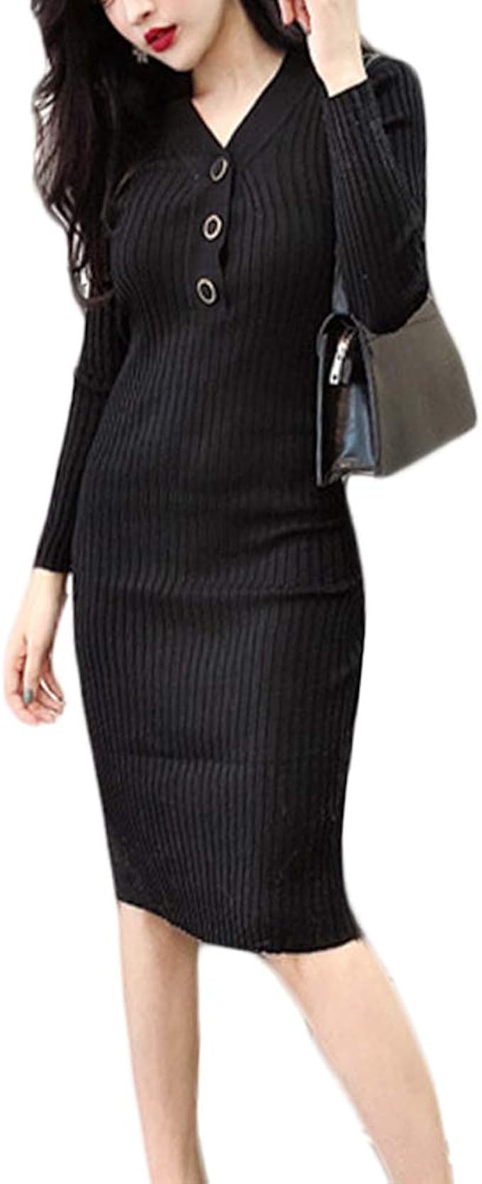 Amazon Sibky ニット ワンピース 細身 Vネック ミディ 丈 リブ タイト 着やせ 長袖 レディース 春 秋 冬 ブラック ワンピース チュニック 通販