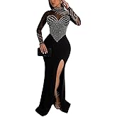 WOKANSE Women's Formal Dresses Mock Neck Sexy Mesh See Through Long Sleeve High Slit Sparkly Rhinestone Prom Dress
