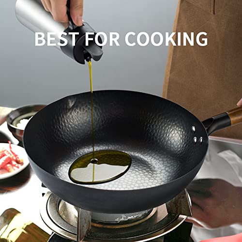 Carbon Steel Wok Pan,13" Stir Fry Pan With Wooden Lid And Handle, 7