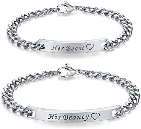 Roone His and Hers Matching Set Titanium Stainless Steel Custom Bracelets (1 Pair) (His Beauty and Her Beast)