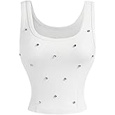MakeMeChic Women's Rhinestone Sleeveless Tank Top Square Neck Sparkly Fitted Y2k Crop Tops