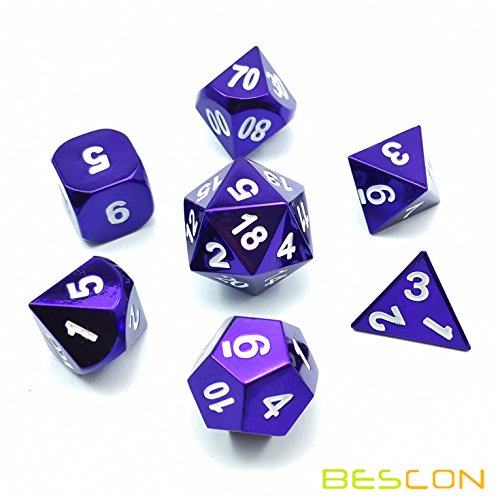 Bescon 7pcs Set Heavy Duty Metal Dice Set Glossed Color of Purple, Colorful Solid Metallic Polyhedral D&D Dice Set Violet