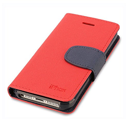 iPhone SE Case, iPhone 5S Case, IPHOX Magnetized Closure Card Slots Money Pouch, Retro Leather Wallet Case Purse Protective Cover Stand Feature Flip Book Case for iPhone 5s / 5 / SE (Red&BU/C)