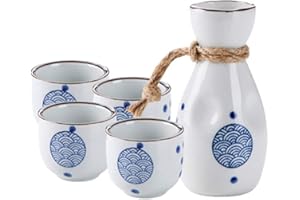 Sizikato 5pcs Blue and White Porcelain Sake Set Include 1PCS Sake Bottle and 4PCS Sake Cups