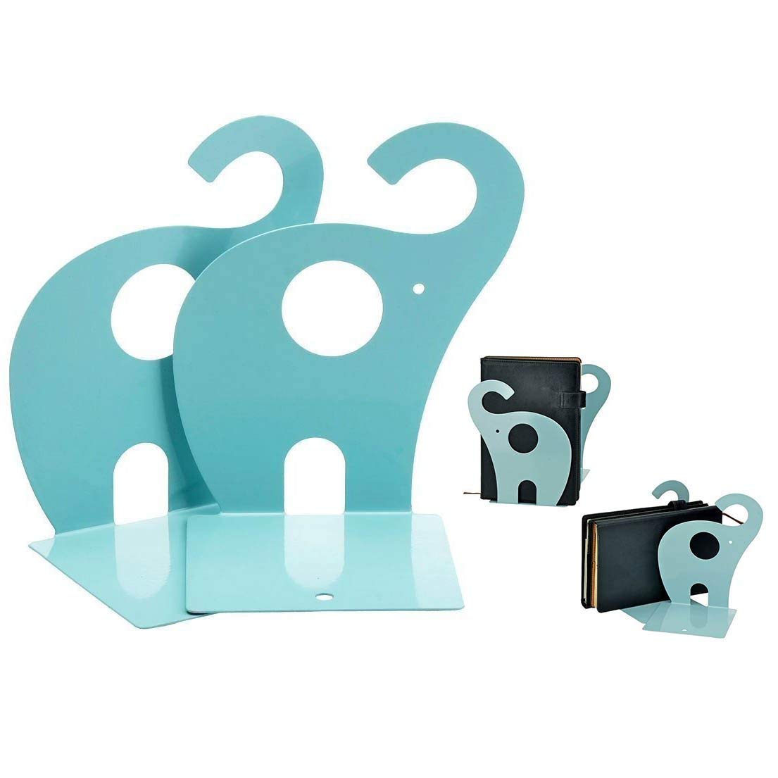 XLKJ 1 Pair Heavy Duty Bookends for Shelves, Cute Cartoon Elephant Shape Nonskid Bookends, Decorative Metal Bookends Art Bookend Gift (Blue)