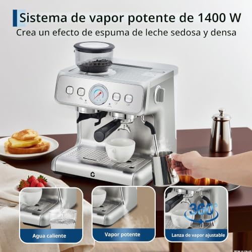 Cafeteira Profissional de Espresso com Porta-filtro e Moinho de Café Integrado - Pressão de 15 Bar - Espumante de Leite e Mostrador Visível - Tanque de 2,8 L - Ideal para Cappuccino, Latte