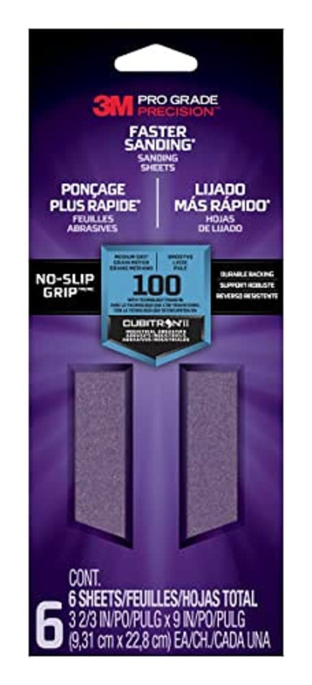 3M Pro-Grade Precision Sanding Sheets 100 Grit (Intermediar), 127100TRI-6, 3.75" x 9", 6/Pack
