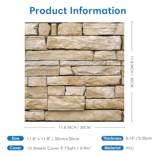COMSTICKC 3D Stone Adhesive Panels, Brown, 10 Pieces 30 x 30 cm, 3D Brick Wall Stickers, PVC Faux Stone Panel for Decorative Interior Walls Kitchen, Bathroom, Living Room