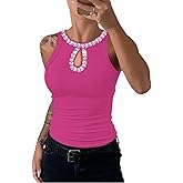 Ninimour Women Sleeveless Tank Top Rhinestone Contrast Sequin Keyhole Collar Knit Ribbed Slim Basic Top