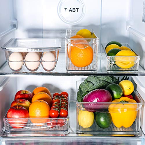 E-Gtong 5 Pack Fridge and Freezer Bins with Handles,Plastic Refrigerator Storage Organizer Bins BPA-Free Stackable Food Storage Containers for Fridge, Freezer, Pantry and Kitchen Clear