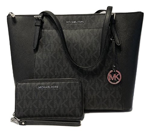 Michael Kors Michael Michael Kors Ciara Large East West TZ Tote Bundled with Jet Set Travel Flat MF Phone Case Wallet Wristlet Signature MK Black
