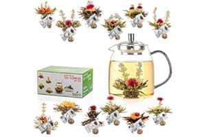 Tealyra - 12 pcs Blooming Tea and 30.5-ounce Glass Teapot Set - 12 Variety Flavors of Finest Flowering Teas - All Tea Balls Individually Sealed - Great Gift Bloom Teas Box