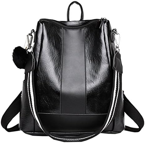 Womens Backpack PU Leather Multi-Way Girls School Satchel Travel Backpack with Hairball Pendant (Black)