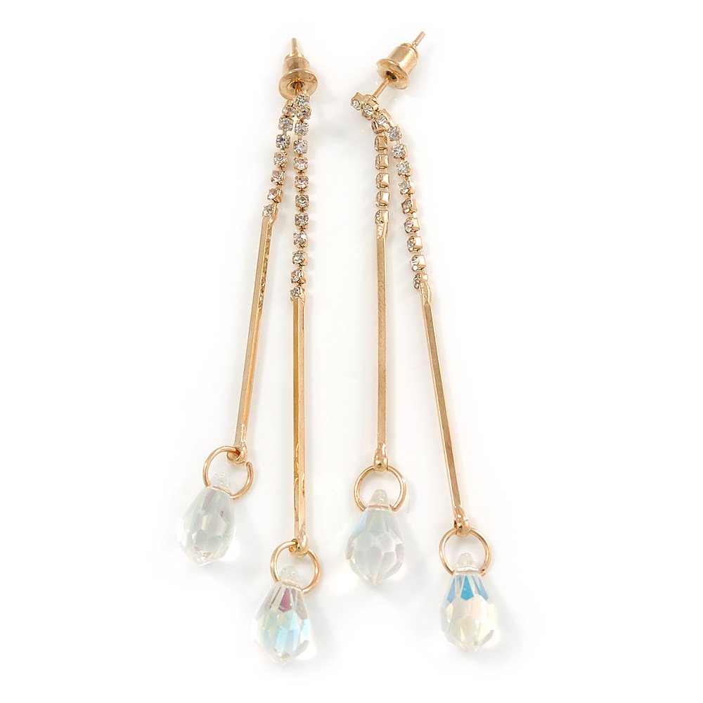 Long Gold Tone AB Crystal Bar Drop Earrings - 75mm L