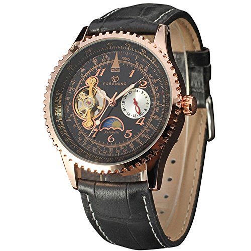 TIDOO Forsining Rose Gold Tone Stainless Steel Multifunction Tourbillon Moon & Sun Calendar Watches