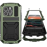Simicoo Compatible with iPhone 15 Metal Case with Screen Protector Camera Protector Military Rugged Heavy Duty Shockproof Case with Metal Kickstand Full Body Tough Dustproof Case (Green)