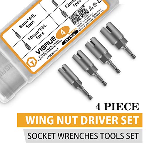 VIGRUE 4PCS Deep Power Wing Nut Driver, Slot Hurricane Wingnut Drill Bit Socket, Wrenches Tools Set 4 Sizes for Panel Nuts Screws Eye C Hook Bolt, 1/4" Hex Shank