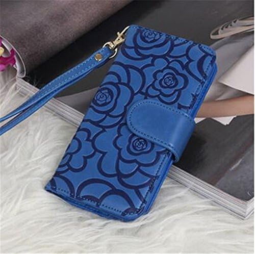 S7 Edge Case, CYZY Flip Wallet Leather [kickstand] [Emboss Flower] Magnetic Protective Cover with Card Slots Detachable Wrist Strap for Samsung Galaxy S7 Edge 5.5 Inch (Blue)