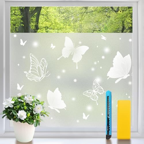 Niviy Fensterfolie Blickdicht Schmetterling Sichtschutzfolie Fenster Selbstklebend 105X200Cm Milchglasfolie Statisch Haftend Nachts Privatsphäre Schutz Anti-Uv Dekofolie Für Bad Küche Büro Glastüren