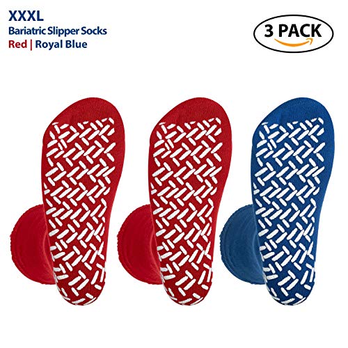 Pack of 3 Pairs - XXXL Non-Skid Bariatric Extra Wide Slipper Socks for People with Diabetes/Edema (2 Pairs of Red 1 Pair of Blue)