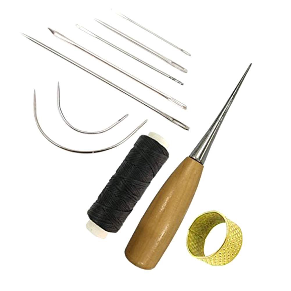tao pipe 10 Pieces Curved Upholstery Hand Sewing Needles Sewing Needles with Leather Waxed Thread Cord Drilling Awl and Thimble for Leather Repair