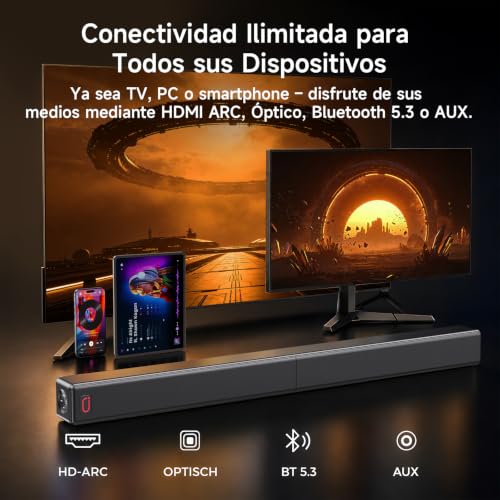 JYX 2.1ch TV Soundbar, 2026 Upgrade 120W 2-in-1 Detachable Bluetooth 5.3 Speaker Bars with ARC/Opt/AUX, Adjustable Bass (4 Speakers + 2 Reflex Tubes)