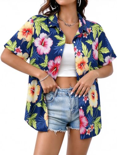 Womens Hawaiian Shirts Hawaii Outfit Summer Tropical Print Tops Shirt at Amazon