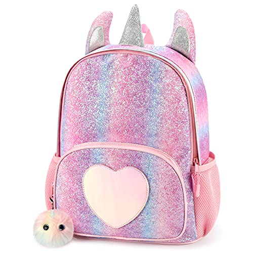 mibasies Girls Backpack for Kids, Unicorn Backpack for Girls, Glitter Rainbow Elementary School Backpack（Pink Rainbow）